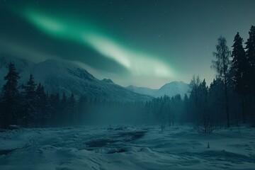 Aurora borealis over the frosty forest. Green northern lights above mountains. Night nature landscape with polar lights. Night winter landscape with aurora.  winter holiday concept. Generative ai