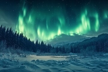 aurora borealis over the frosty forest. green northern lights above mountains. night nature landscap