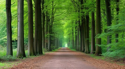 Wall Mural - Walkway in a green spring beech forest in Leuven, Belgium. Beautiful natural tunnel. Atmospheric landscape. Eco tourism, travel destinations, environmental conservation, pure nature