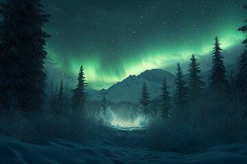 Aurora borealis over the frosty forest. Green northern lights above mountains. Night nature landscape with polar lights. Night winter landscape with aurora.  winter holiday concept. Generative ai