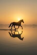 © evgenia_lo - Silhouette of a horse running by a lake at sunset, reflecting in the water under a colorful sky.