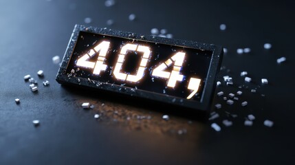 Poster - A glowing 404 error sign with scattered digital debris on a dark surface, symbolizing a technical glitch or internet failure.
