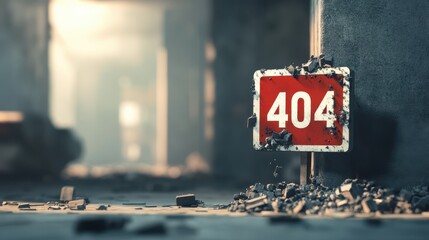 Poster - A red 404 error sign surrounded by debris in an abandoned, dimly lit building, symbolizing digital failure or lost connection.
