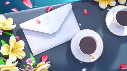 White Envelope with Coffee and Flowers on a Blue Surface