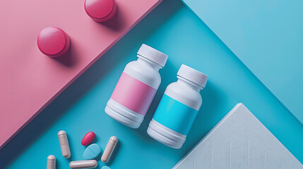 Two white pill bottles with pink and blue labels,  pills scattered on a blue background.