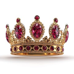 A gold crown adorned with rich red gemstones, elegantly isolated against a white background.