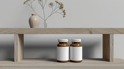 Two brown glass bottles with white labels sit on a wooden shelf. A vase with dried flowers rests on the shelf above.