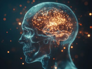Poster - Human Skull with Glowing Neural Network Brain - Abstract Concept of Artificial Intelligence and Brainpower