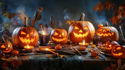 A lively autumn gathering with pumpkins in various stages of carving while tools and jack-o-lanterns cover the table