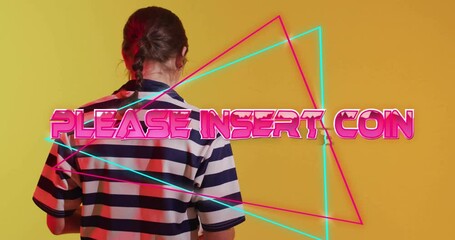 Poster - PLEASE INSERT COIN text animation over person in striped shirt facing yellow background