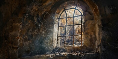 Poster - Dusty Aged Window with Spider Web Inside the Cave Church