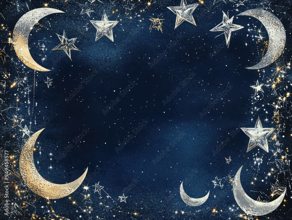 Golden Crescent Moon and Stars Night Sky Border Background. Stock ...