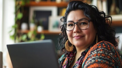 Poster - Chubby woman working on a laptop at a stylish home office, 