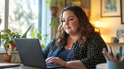 Poster - Chubby woman working on a laptop at a stylish home office, 
