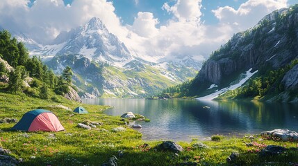 Alpine Adventure: mountain landscape with pink and blue tents on grassy slopes, overlooking a serene alpine lake in Switzerland.