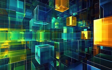 Poster - abstract 3d glass cubes in blue, green and yellow - digital art.