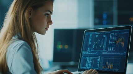 Poster - Confident female engineer analyzing data on a laptop with technical diagrams on the screen, 