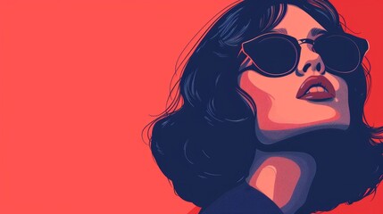 A stylish model girl poses confidently in sunglasses, showcasing trendy retro colors and a flat illustration style, set against a vibrant clean background, copy space