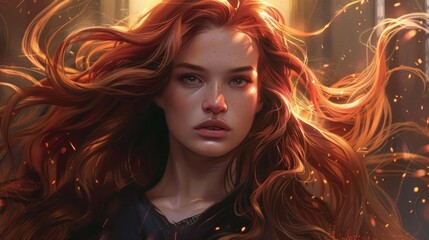 Beautiful heroine with shiny red hair. AI generated images