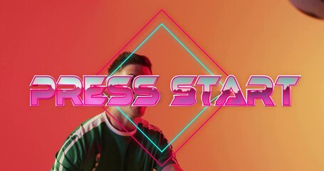 Poster - Press Start text animation over man gesturing on orange background