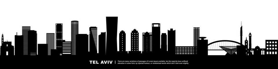 Wall Mural - Panoramic View of Downtown Tel Aviv Skyline. Tel Aviv city black silhouette skyscrapers and buildings. Long cityscape.