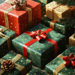 A collection of beautifully wrapped Christmas gifts in red, green, and gold with ribbons and bows, ideal for holiday marketing, greeting cards, and festive promotions,