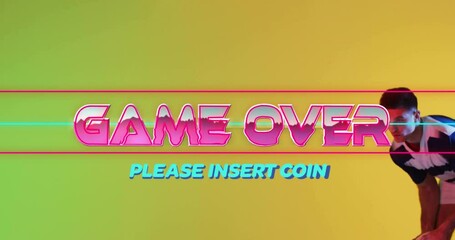 Poster - Game over please insert coin animation over man in colorful background
