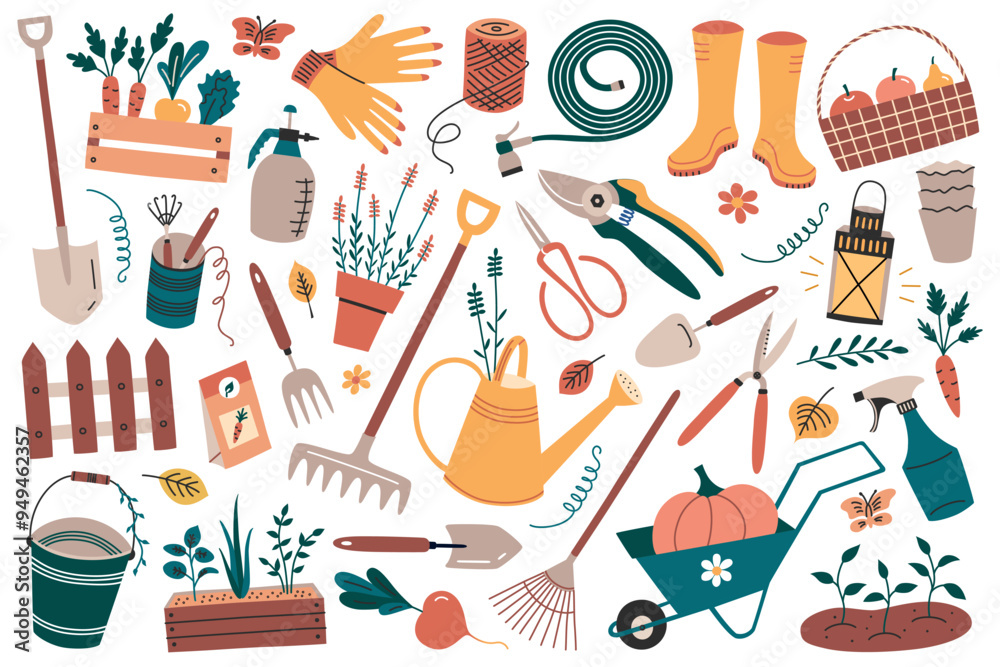 Vector illustration set of garden tools and elements in flat, cartoon ...