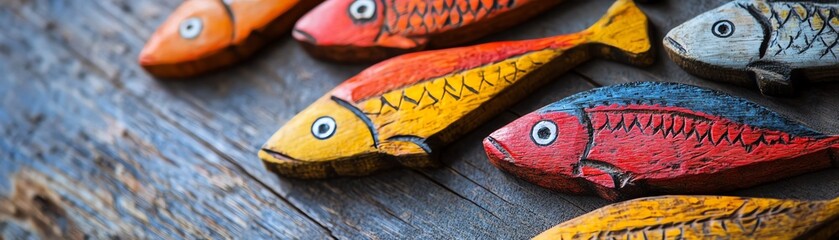 Colorful carved wooden fish on a textured background, closeup, soft lighting, artisanal craft style