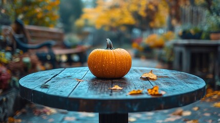 Wall Mural - Wooden table with a pumpkin on top, reflecting cozy fall and harvest vibes.