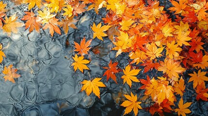 Wall Mural - Water covered with bright yellow-orange maple leaves, reflecting the essence of autumn.