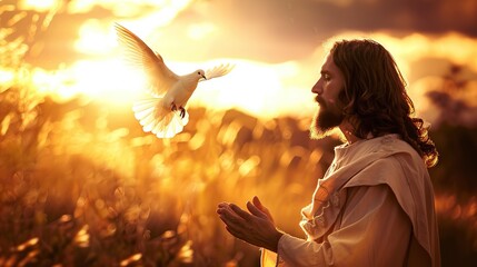 Jesus interacting with Holy Spirit dove