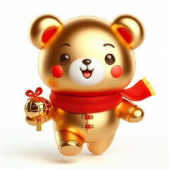 Wall Mural - cute 3d Chinese style happy gold teddy bear character with red scarf, holding gold, new year theme