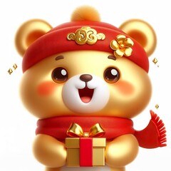 Wall Mural - cute 3d Chinese style happy gold teddy bear character with red scarf, holding gold, new year theme