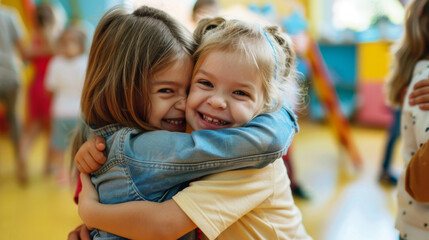 Wall Mural - Two young girls hug each other in a room full of other children