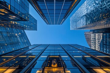 From below of entrance of office building next to contemporary high rise structures with glass mirrored walls and illuminated lights in calgary city against cloudless blue sky , ai