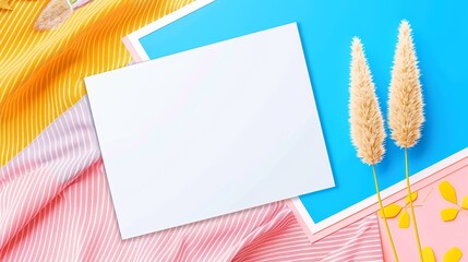 Blank White Square Card with Decorative Elements on a Colorful Background