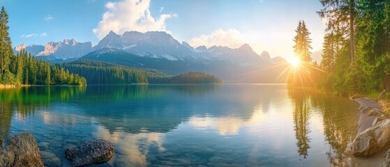 Impressive summer sunrise on Eibsee lake with Zugspitze mountain range. Sunny outdoor scene in German Alps, Bavaria, Germany, Europe. Beauty of nature concept background