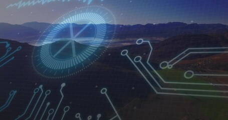 Poster - Circuit board and digital interface animation over mountainous landscape
