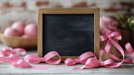 Wall Mural - White background with breast cancer awareness pink ribbons and a small blackboard for text, highlighting the cause and solidarity.