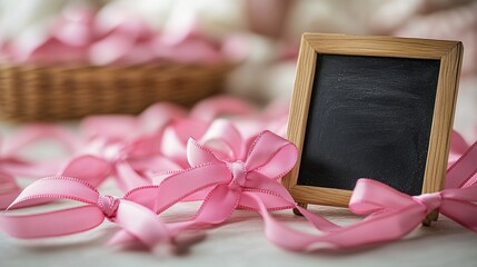 Wall Mural - Breast cancer awareness pink ribbons over a white background, with a mini blackboard for custom messages and awareness promotion.