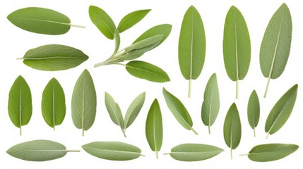 isolated white background image of fresh sage leave, a herb, a popular spice used in cooking, aromat