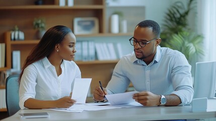 Poster - An insurance agent assisting a client with filling out forms in a professional setting.