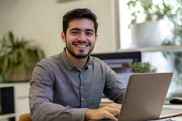 Happy professional business man company employee, young entrepreneur, smiling latin businessman working on laptop computer technology looking at camera working in office sitting at desk, portrait, ai