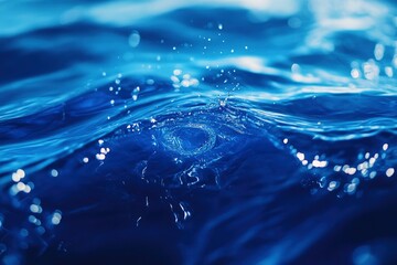 Blue water with ripples on the surface. Defocus blurred transparent blue colored clear calm water surface texture with splashes and bubbles. Water waves with shining pattern texture background , ai