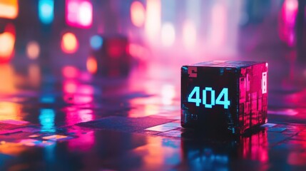 Poster - A glowing blue 404 error displayed on a digital cube set in a vibrant, neon-lit cyberpunk environment, symbolizing digital failure.
