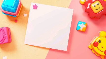 Blank White Notecard Surrounded by Colorful Toys on a Pink and Yellow Background