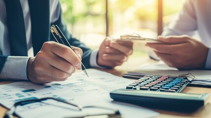 Poster - An insurance agent explaining premium calculations to a client in a professional setting.