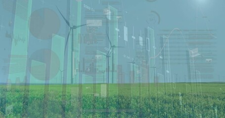 Poster - Financial data and graphs animation over wind turbines and cityscape in green field