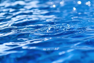 Blue water with ripples on the surface. Defocus blurred transparent blue colored clear calm water surface texture with splashes and bubbles. Water waves with shining pattern texture background , ai